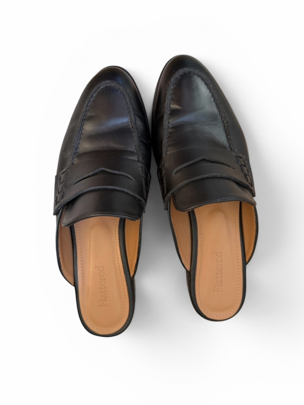 Flattered Black Leather Mule Penny Loafer Flats Slip On Backless EU 38 (US 7.5)